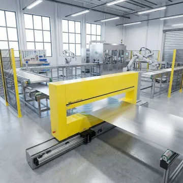 Advanced laser-based thickness measurement system scanning industrial material on production line