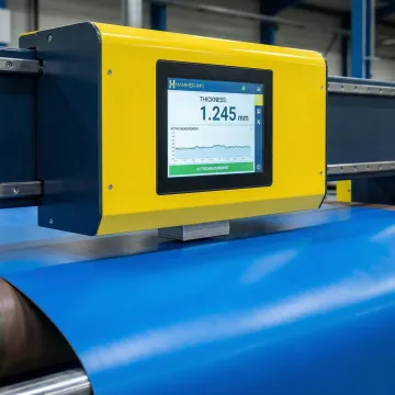 Close-up of contactless M-Ray measurement sensor scanning industrial material thickness