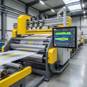 Advanced post-calendering thickness measurement system with digital display monitoring material quality