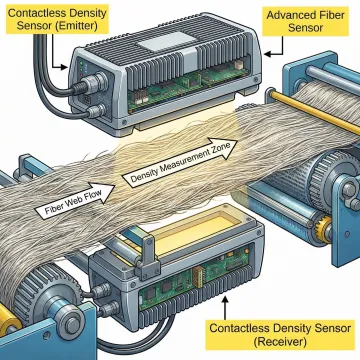 Close-up of M-Ray sensor measuring fiber density on industrial carding machine