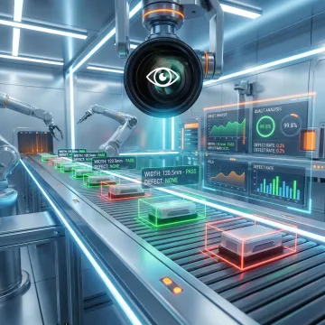 AI-powered defect detection system analyzing industrial manufacturing production line