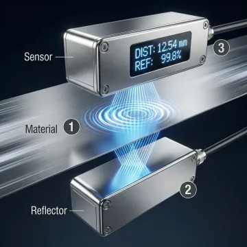 Close-up of M-Ray sensor head measuring material thickness with digital display showing real-time data