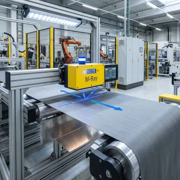 Advanced industrial M-Ray measurement system scanning plastic sheet production line
