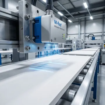 M-Ray sensor head measuring gypsum board thickness inline during manufacturing