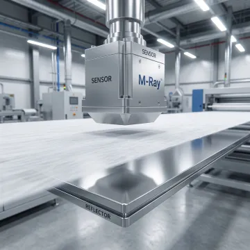 M-Ray sensor head measuring nonwoven fabric basis weight contactlessly on a production line