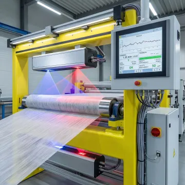 Inline nonwoven measurement gauging system scanning fabric on a production line