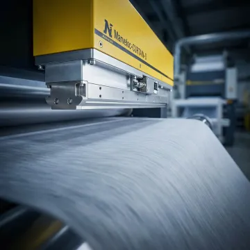 M-Ray millimeter wave sensor measuring thickness of a nonwoven fabric roll on an industrial line