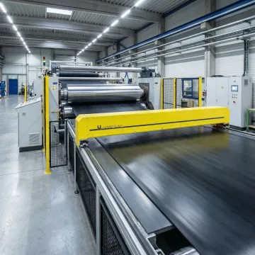 Inline rubber calendering gauge measuring sheet thickness on an industrial production line