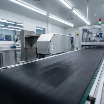 M-Ray sensor head measuring rubber sheet thickness on a production line