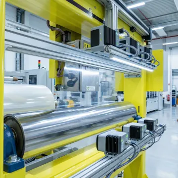 Industrial film surface inspection system scanning plastic film on a production line