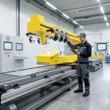 Technician performing acoustic surface inspection on an industrial flat material production line