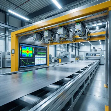 Multi-sensor inspection system scanning flat material surface on an industrial production line