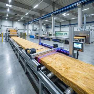 Inline measurement system installed over mineral wool production line in industrial facility