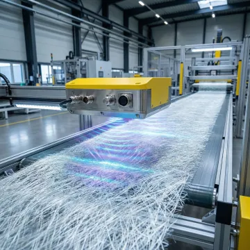 Hammer-IMS M-Ray sensor measuring glass fiber mat thickness on a production line