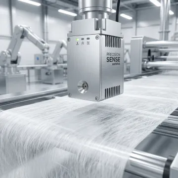 Contactless M-Ray sensor scanning glass fiber sheet thickness on a production line