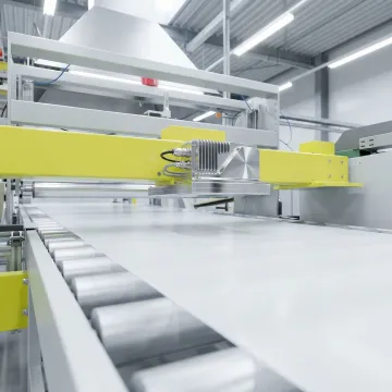 M-Ray millimeter wave sensor head performing contactless thickness measurement on a flat material sheet