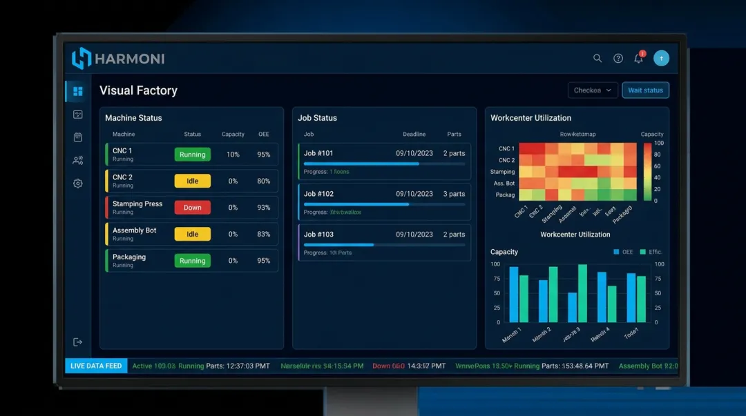 Harmoni factory orchestration dashboard displaying real-time machine utilization and production metrics