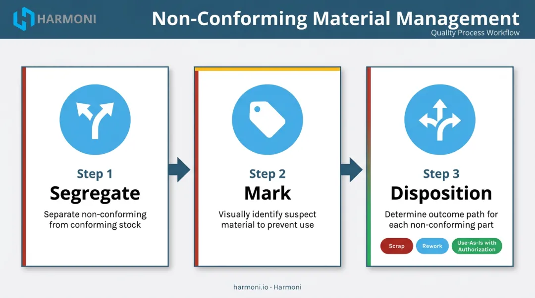 Non-conforming material management process flow from identification to disposition