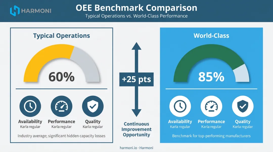OEE benchmark comparison world-class 85 percent versus typical 60 percent gap infographic