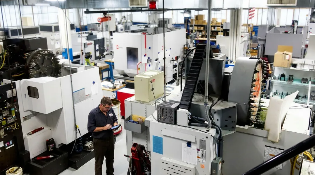 CNC machining shop floor operator reviewing work instructions at workcenter machine