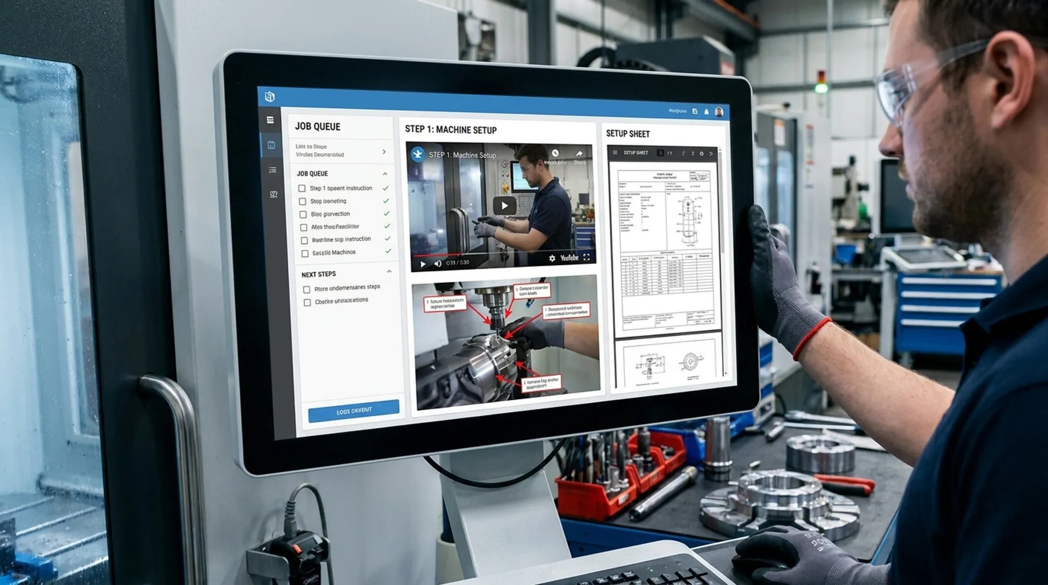 Digital work instruction interface displaying annotated images and video for operators