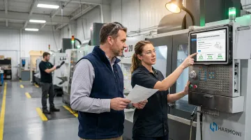 Manufacturing supervisor coaching frontline operator at CNC machine on production floor