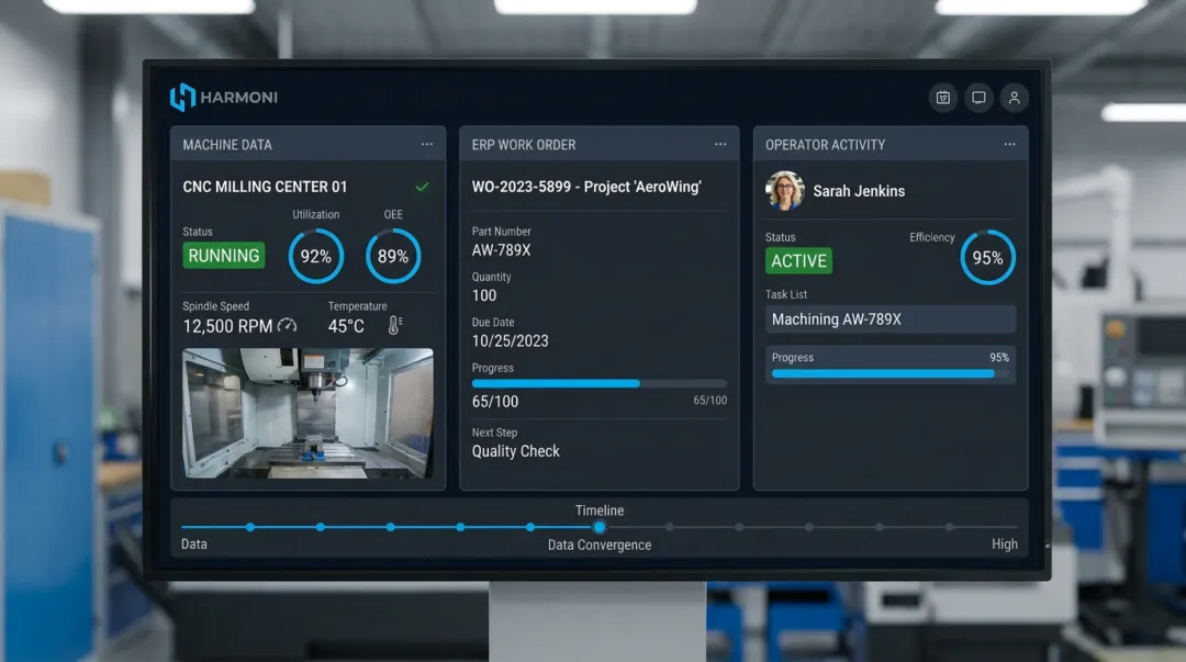 Harmoni factory orchestration platform command center dashboard at manufacturing workcenter