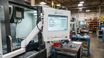 Harmoni operator command center terminal mounted at CNC machine workcenter on shop floor