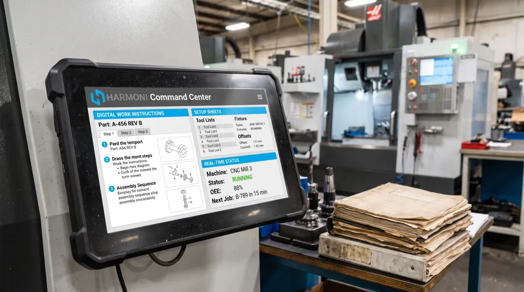 Harmoni digital command center displaying work instructions at machine workcenter