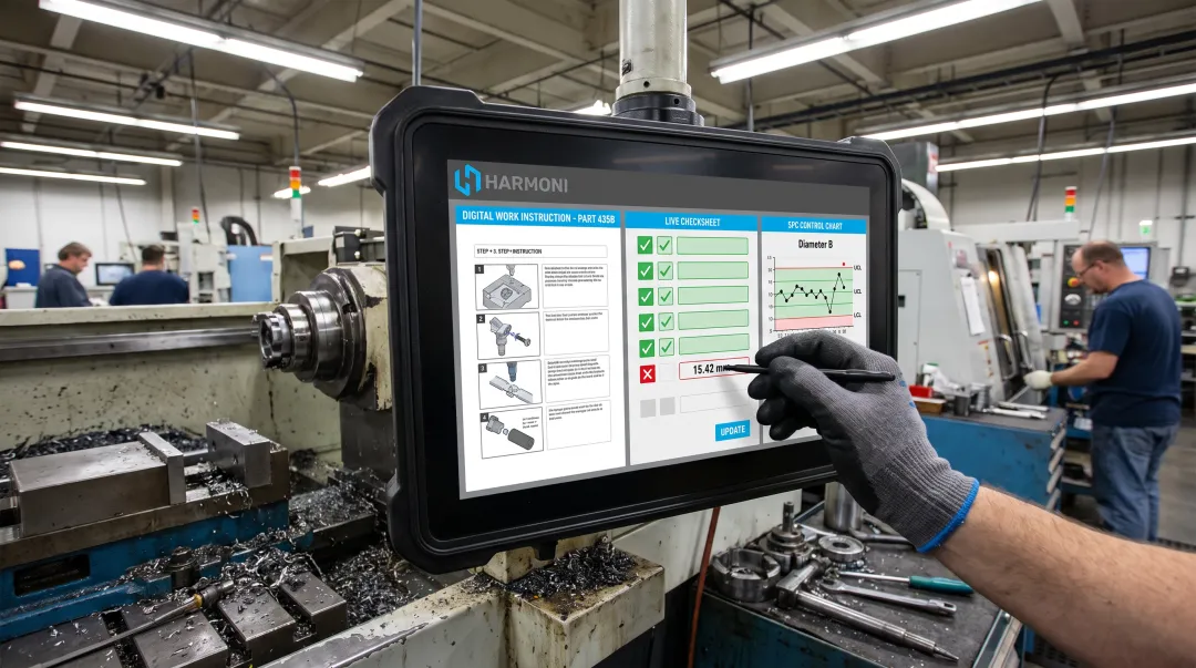 Machine-side terminal displaying digital work instructions and real-time SPC control chart