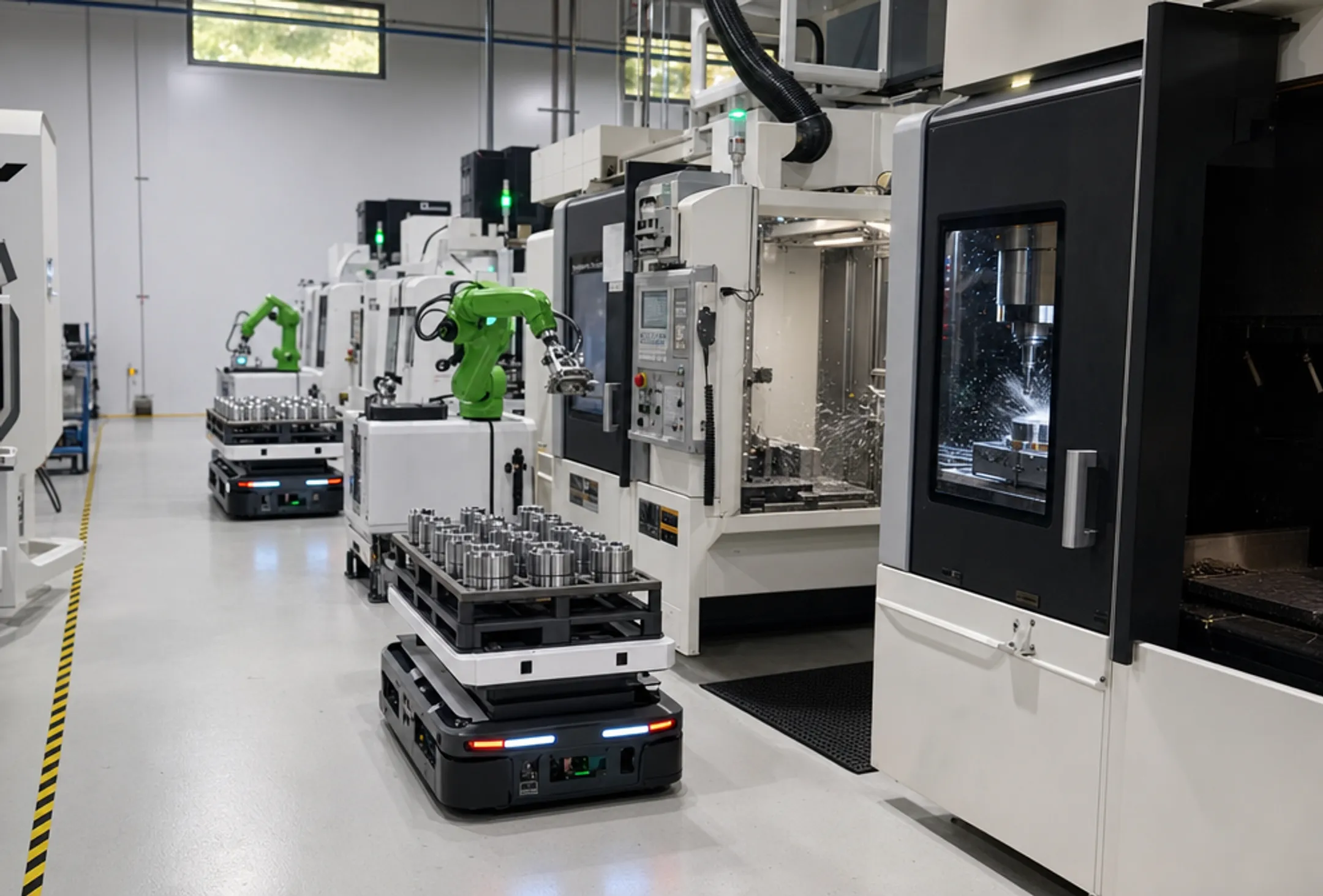 Industrial robotic arms and CNC machines on modern factory floor