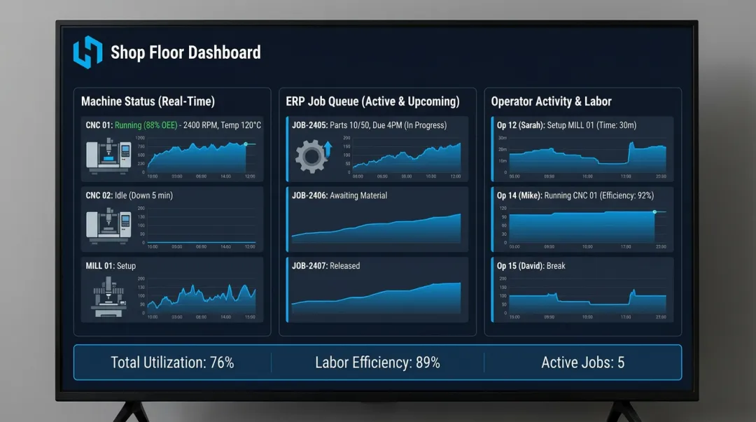 Harmoni shop floor dashboard displaying live machine status job data and operator activity