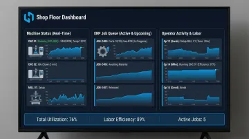 Harmoni shop floor dashboard displaying live machine status job data and operator activity
