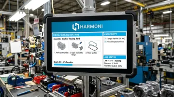 Harmoni platform workcenter interface showing digital work instructions and operator tools