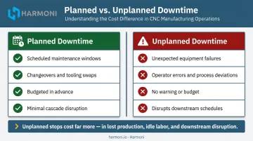 Planned versus unplanned manufacturing downtime comparison infographic with cost impact