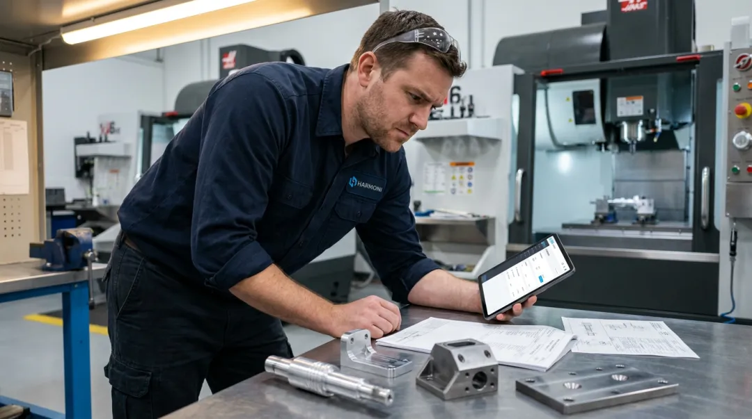 CNC machine operator managing high-mix job changeover with complex parts and documentation