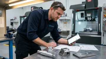 CNC machine operator managing high-mix job changeover with complex parts and documentation