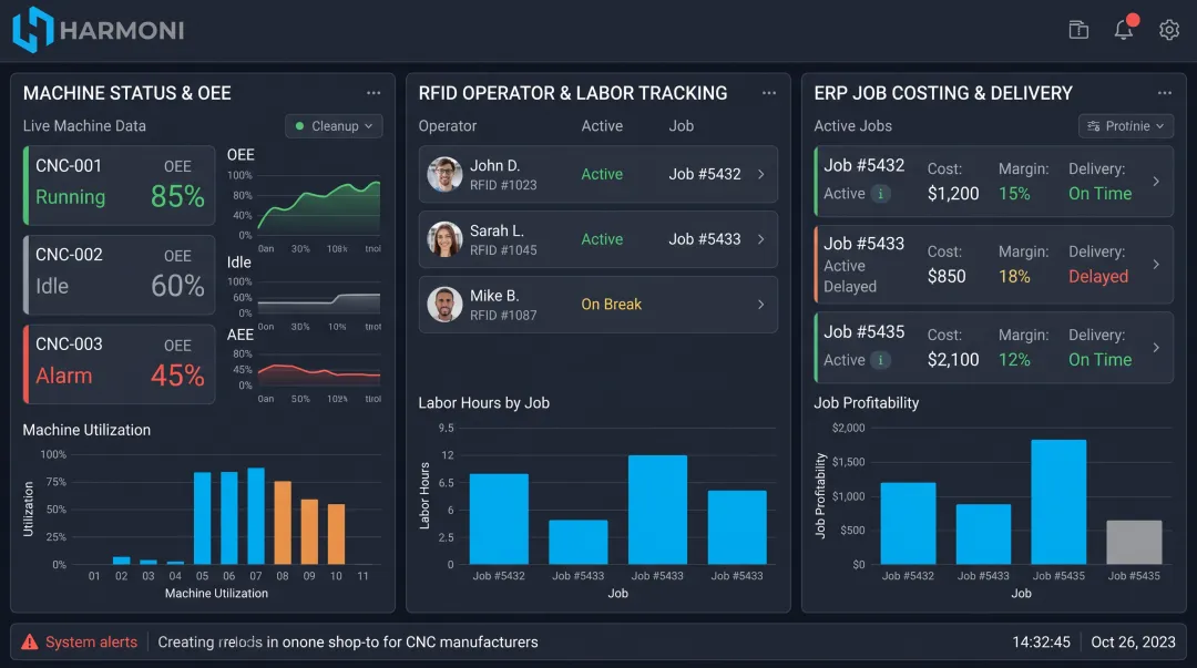 Harmoni dashboard displaying unified machine operator and ERP data streams