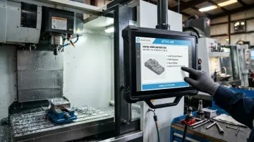 Harmoni digital work instruction platform displaying job details at CNC machine terminal