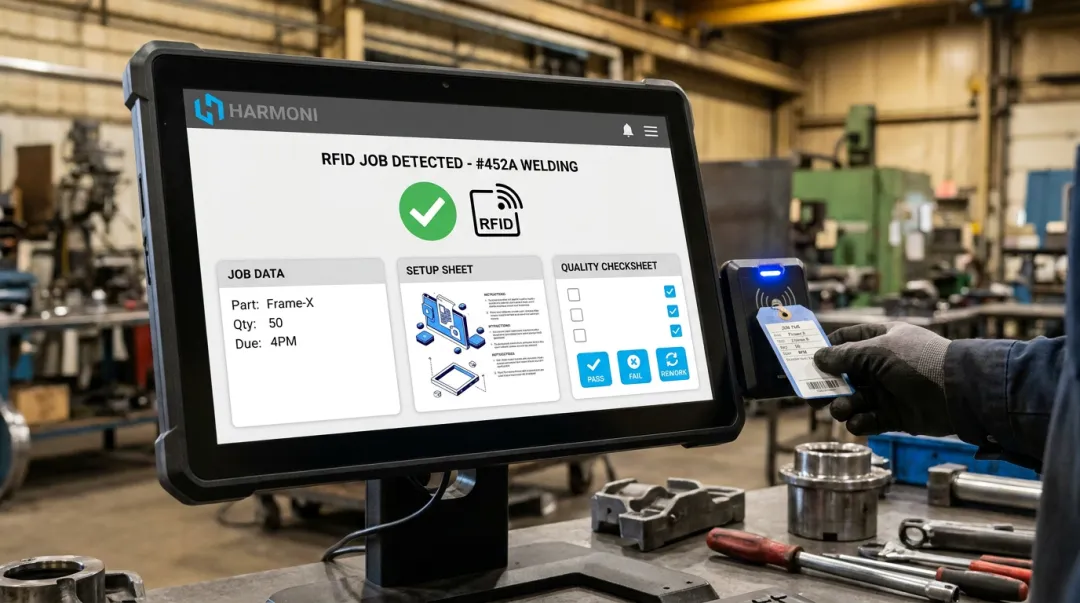 Harmoni RFID-based operator job tracking interface at manufacturing workcenter station