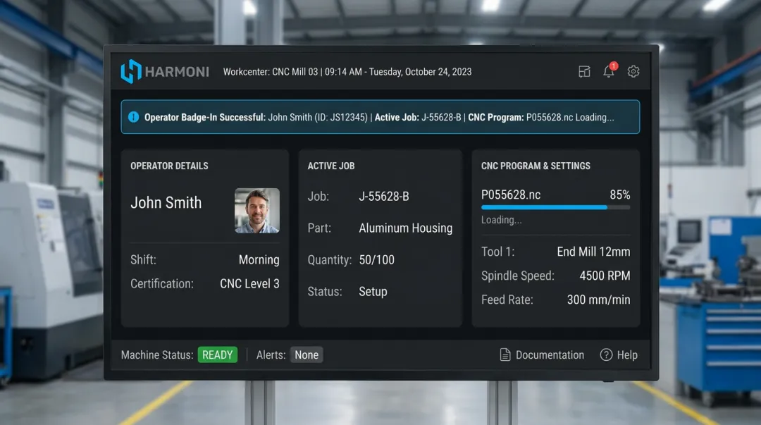Harmoni platform interface showing automatic employee and job detection at workcenter