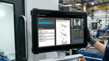 Harmoni factory orchestration operator command center displaying job instructions and machine data