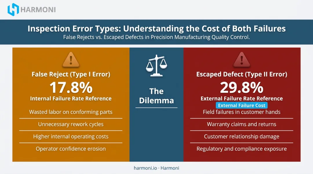 False reject versus escaped defect cost comparison showing Type I and Type II inspection errors