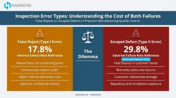 False reject versus escaped defect cost comparison showing Type I and Type II inspection errors