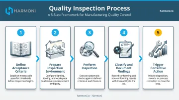 5-step visual inspection process flow from criteria definition to corrective action