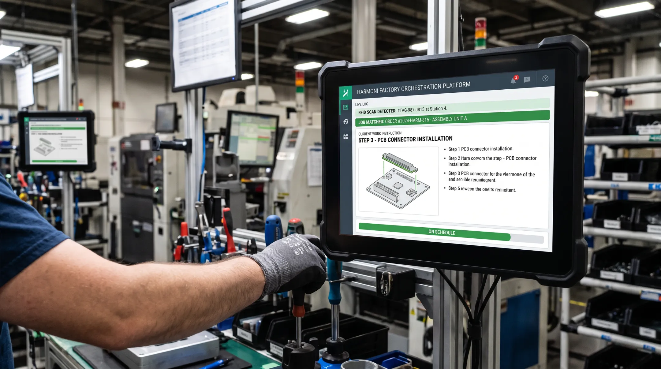 Factory orchestration platform displaying real-time RFID job documentation at workcenter
