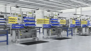 Lean manufacturing one-piece flow production line with organized workstations and operators
