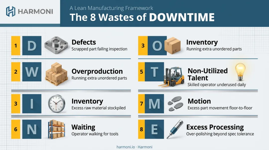 DOWNTIME acronym breakdown of the 8 wastes of lean manufacturing