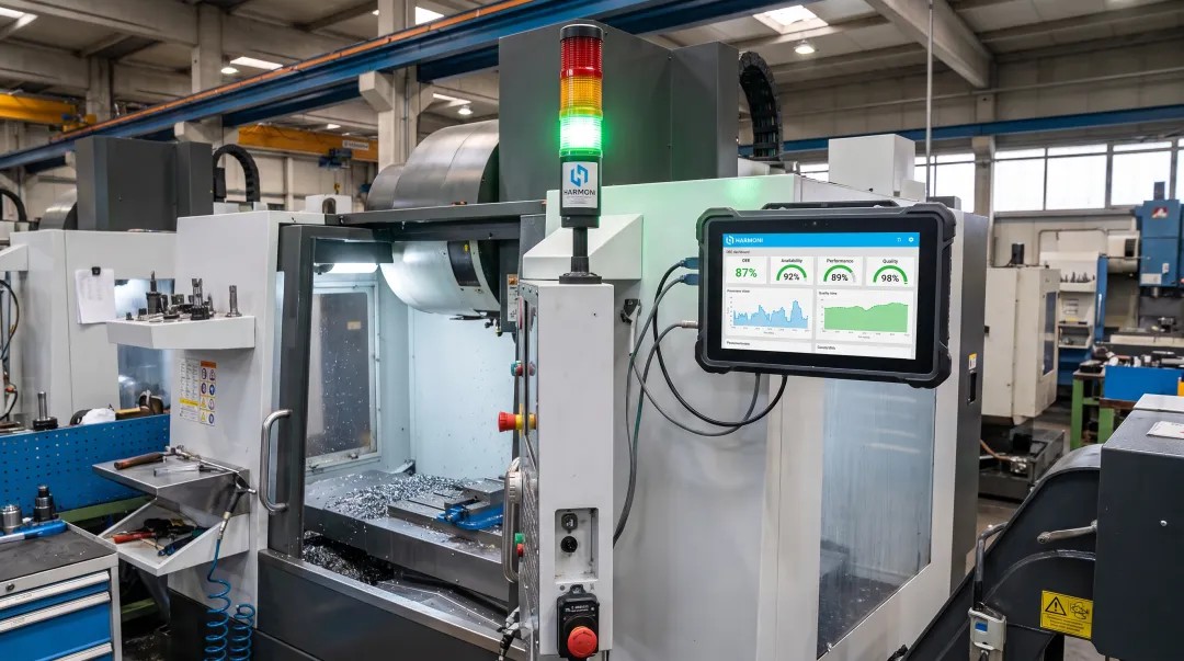 Harmoni Visual Factory stack light displaying real-time OEE status at CNC machine