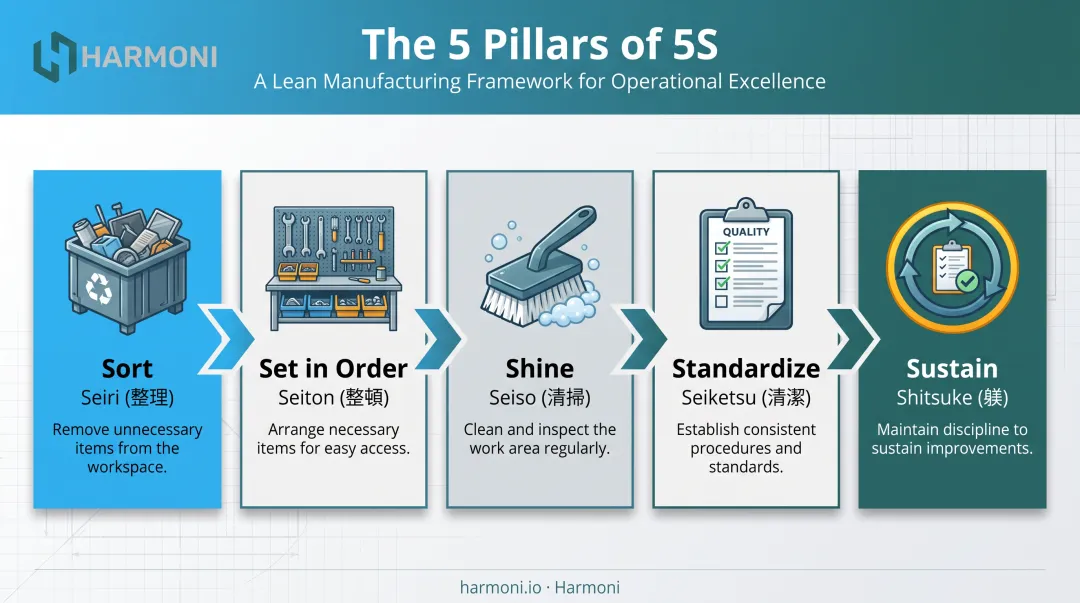 5 pillars of 5S methodology from sort to sustain